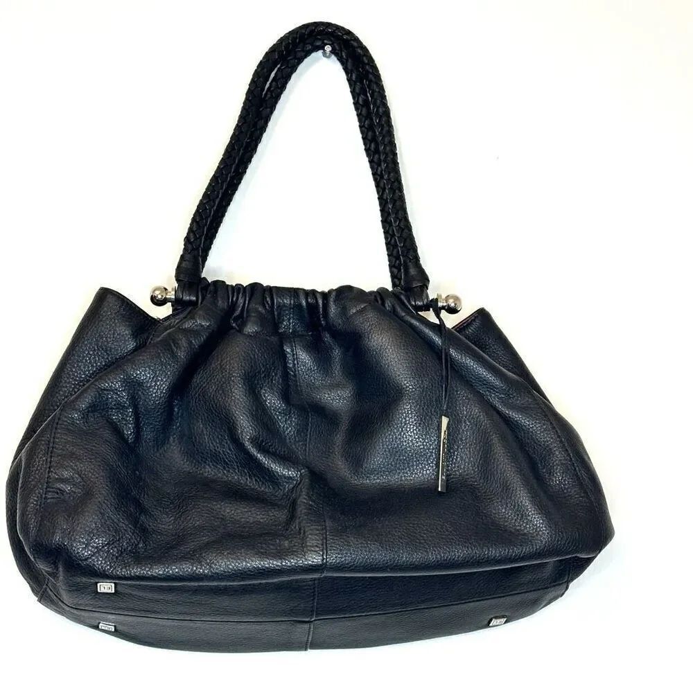 Elliott Lucca Pebbled Leather Braided Strap Shoulder Bag Black Size 15"x 9"